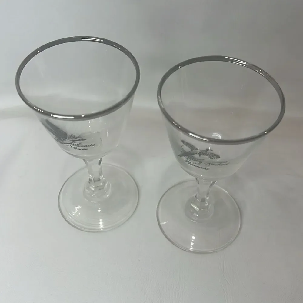 Tiffin Pheasant Grouse Crystal Stem Cocktail Goblet 3 Oz Silver Trim Rim Set 2